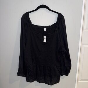 Old Navy Women's Blouse Sz 4X Black Peasant Top Smocked New NWT Cotton Gauze